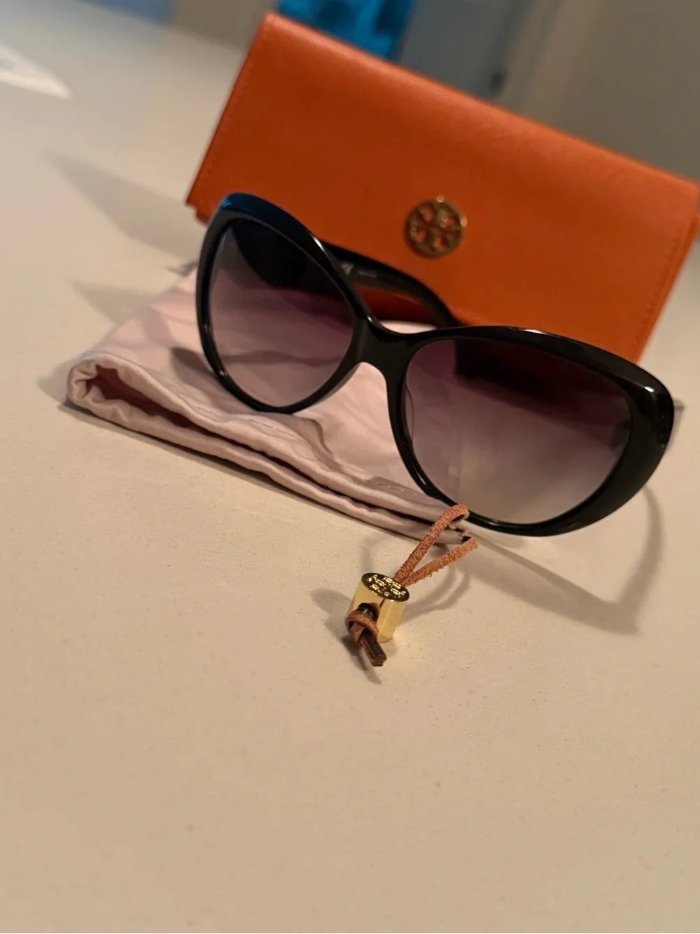 Tory Burch Black Sunglasses with Purple Gradient Lenses and Orange Case